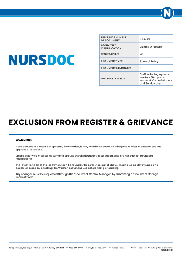 Nursdoc Policy Exclusion from Register Grievance Procedure