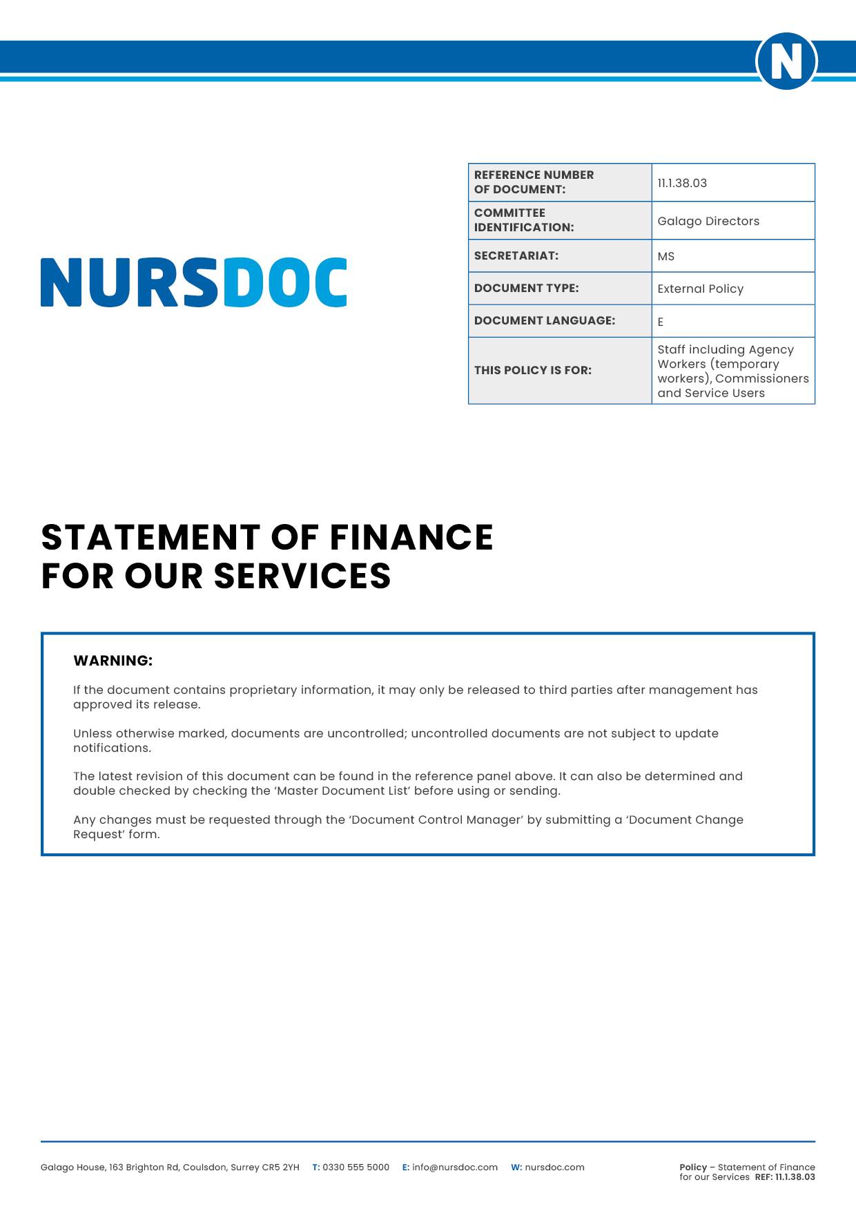 Nursdoc Policy Statement of Finance for our Services
