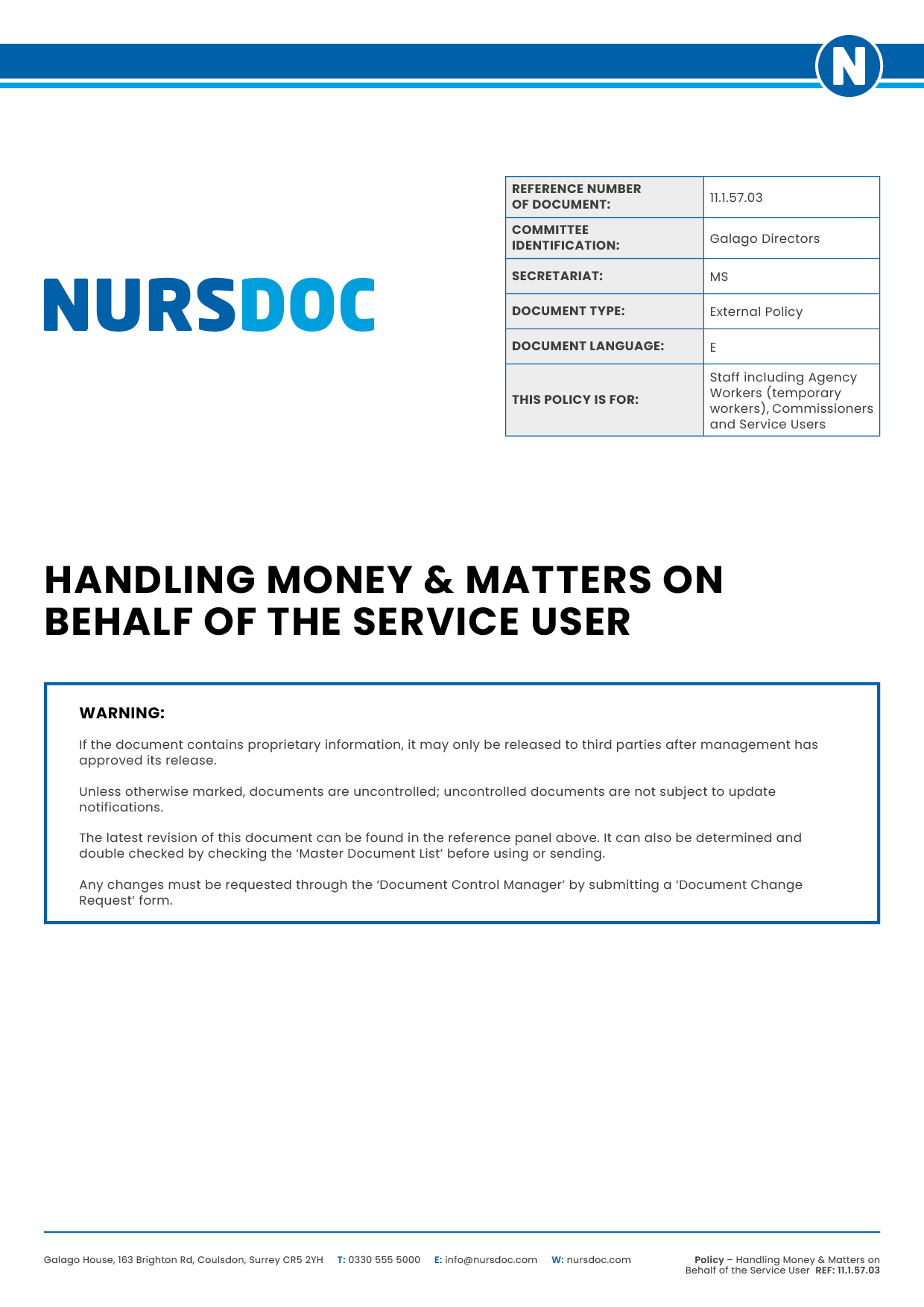 Nursdoc Policy Handling Money Matters on Behalf of the User