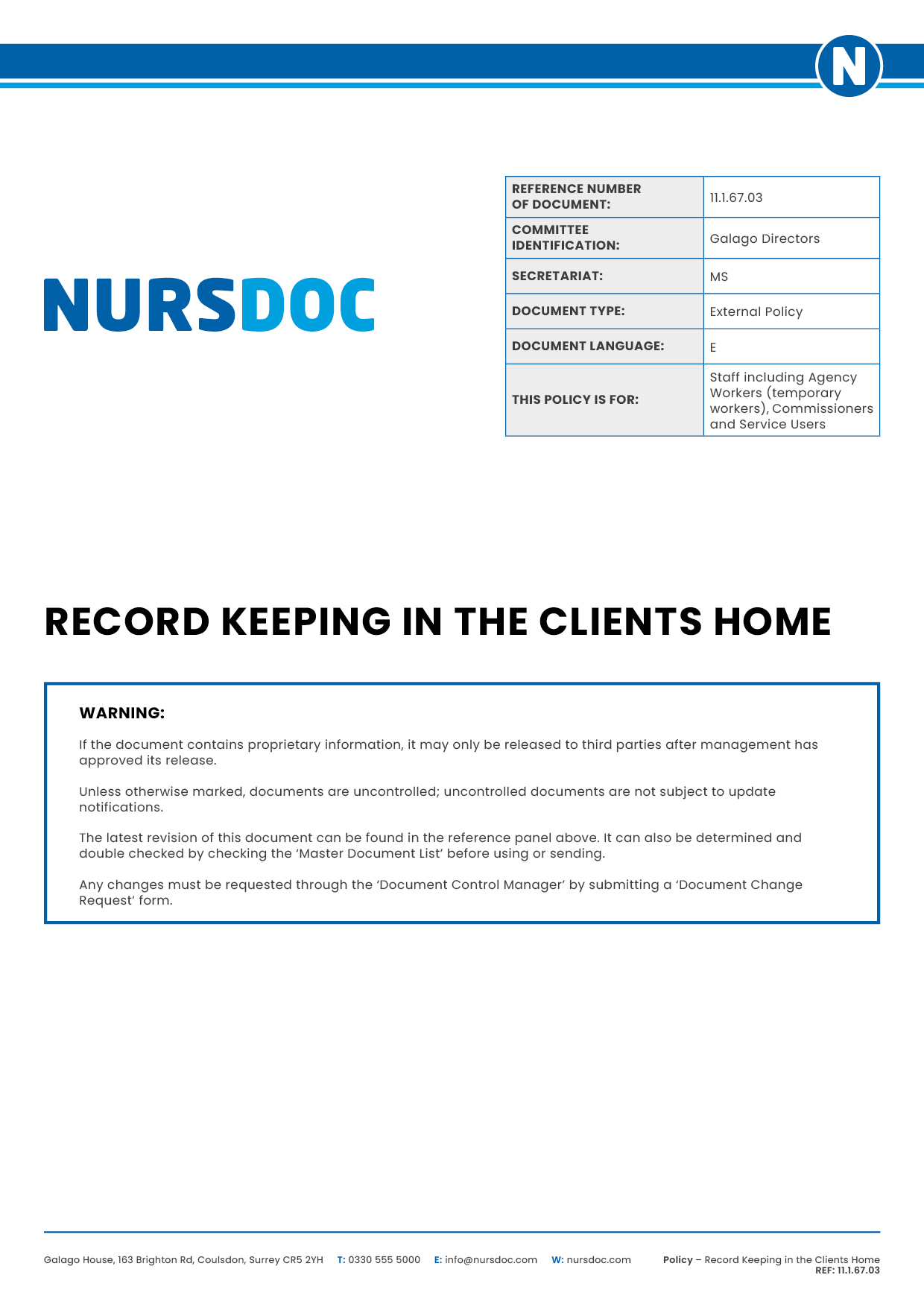Nursdoc Policy Record Keeping in the Clients Home