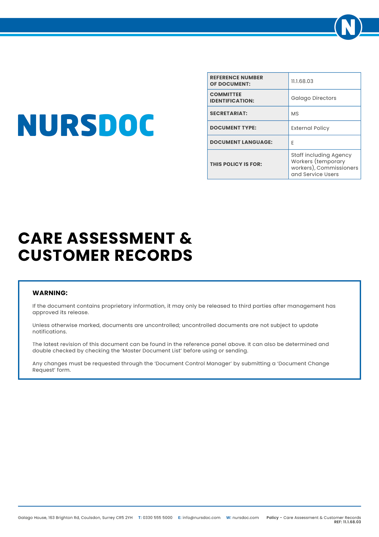 Nursdoc Policy Care Assessment Plans Customer Records