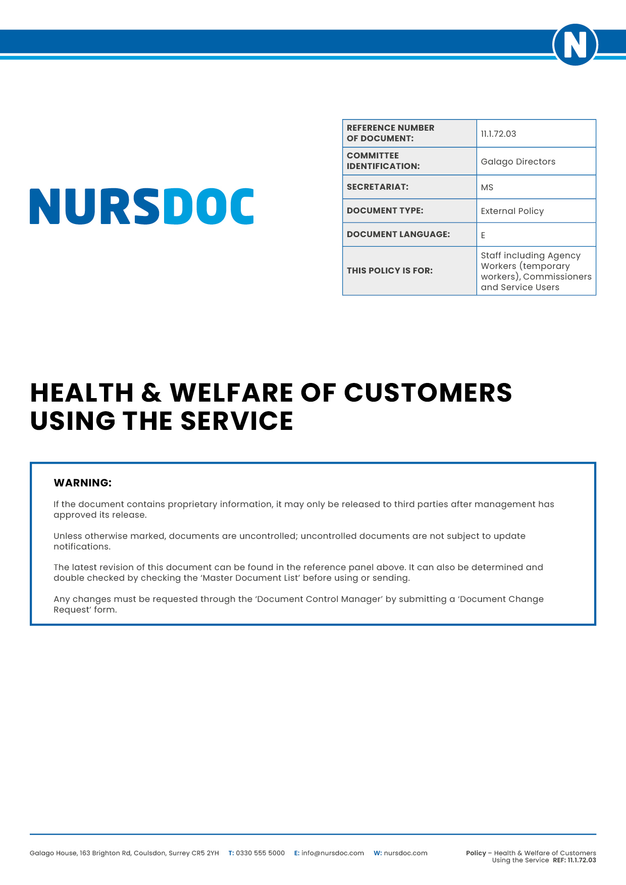 Nursdoc Policy Health Welfare of Customer Using the Service